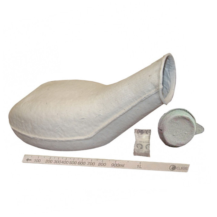 Einweg-Urinflasche aus Zellstoff mit Superabsorber und Deckel.