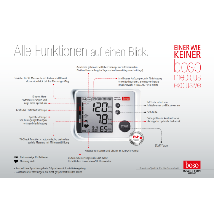 Boso medicus exclusive Premium-Blutdruckmessgerät Funktionsübersicht