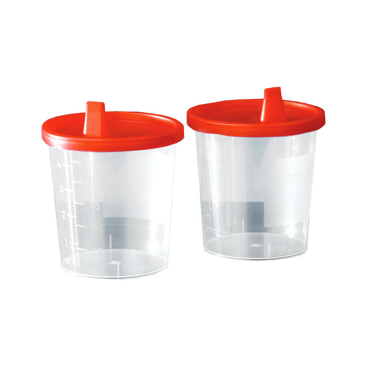 Urinbecher aus Kunststoff mit 120 ml Fassungsvermögen und Schnappdeckel mit Steifentülle. Die Tülle kann abgeschnitten werden, u