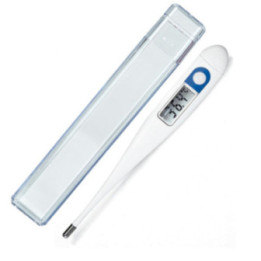 Preisgünstiges Digitalthermometer mit Signalton und Abschaltautomatik in der praktischen Schutzhülle zur Aufbewahrung.