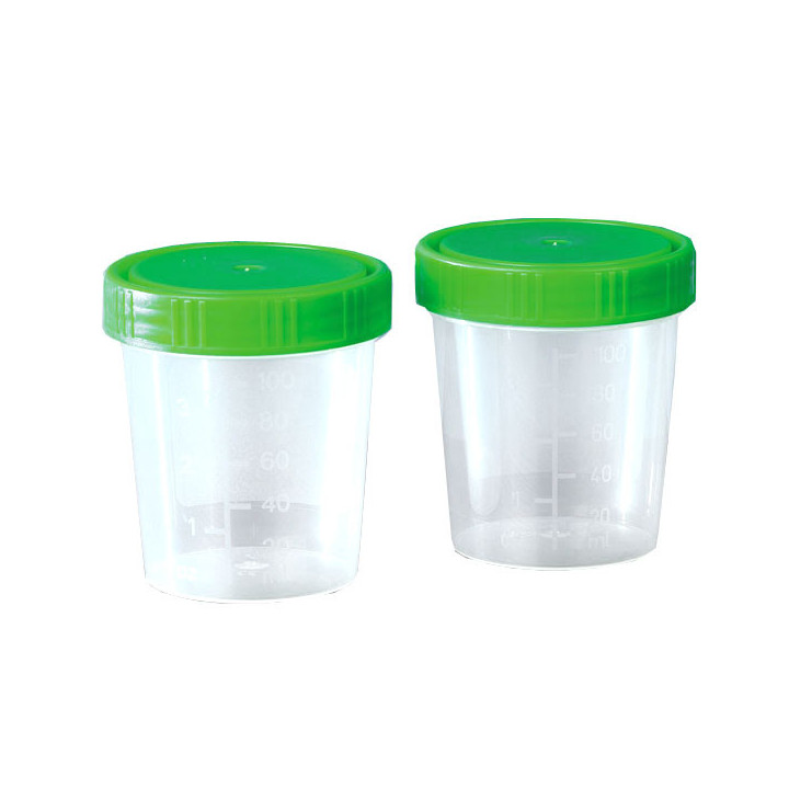 Urinbecher 125 ml aus stabilem Kunststoff mit dicht grünem Schraubdeckel.