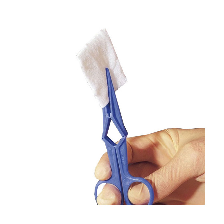 Einweg-Schlauchklemme bzw. Tupferhalter aus blauem Kunstoff.