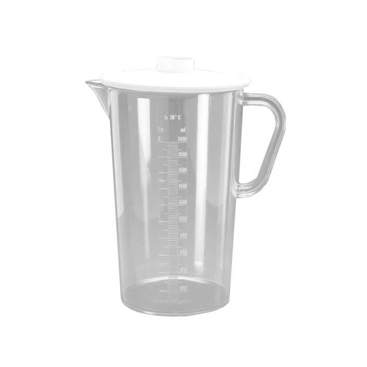 Sammelgefäß für Urin und andere Flüssigkeiten mit 2000 ml Fassungsvermögen. Aus klarem Kunststoff, komplett mit Deckel und erhab
