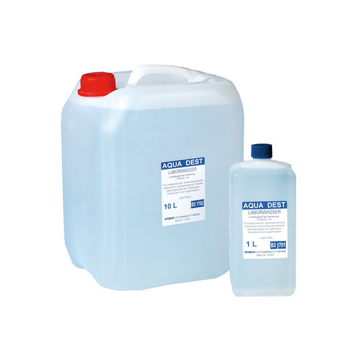 Aqua DEST Laborwasser, hergestellt durch Ionenaustausch-System in der 1000 ml Flasche oder im 5000 ml Kanister.