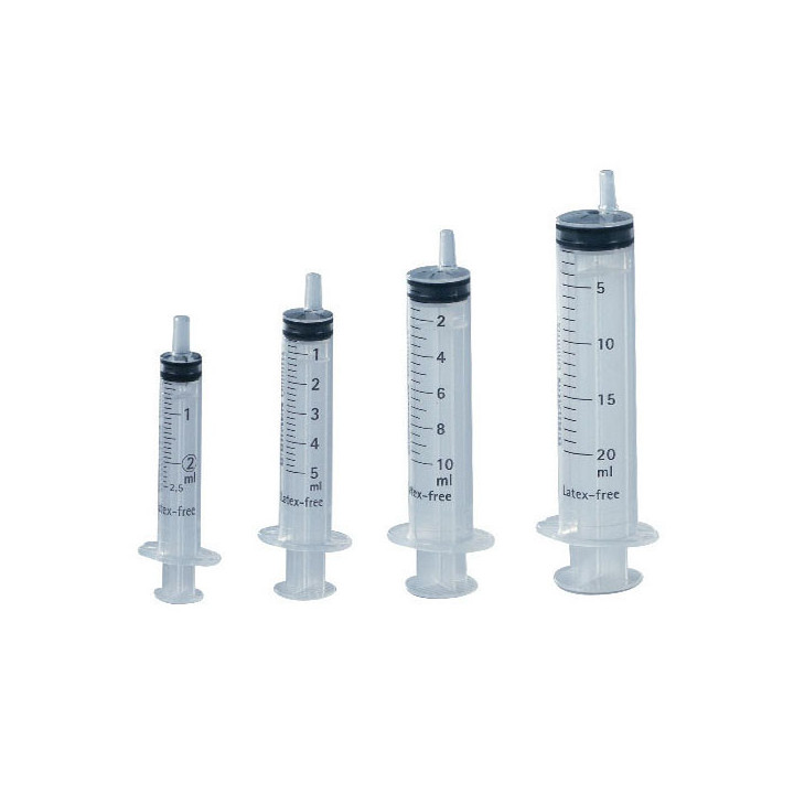 Hochwertige, 3-teilige Einmalspritzen mit Kolbenstopfen aus synthetischem Kautschuk (latexfrei).