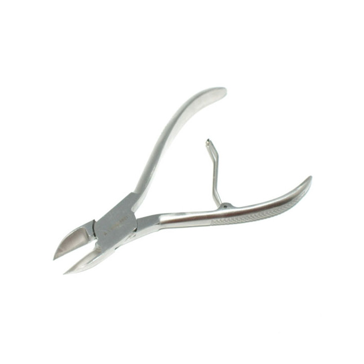 Nagelzange aus Edelstahl mit umlegbarer Feder und einer Länge von ca. 12 cm Länge.